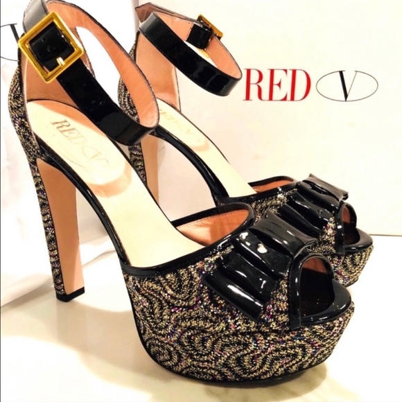 RED Valentino Shoes - Valentino Red Glitter Peep Toe Pump Platform Heels